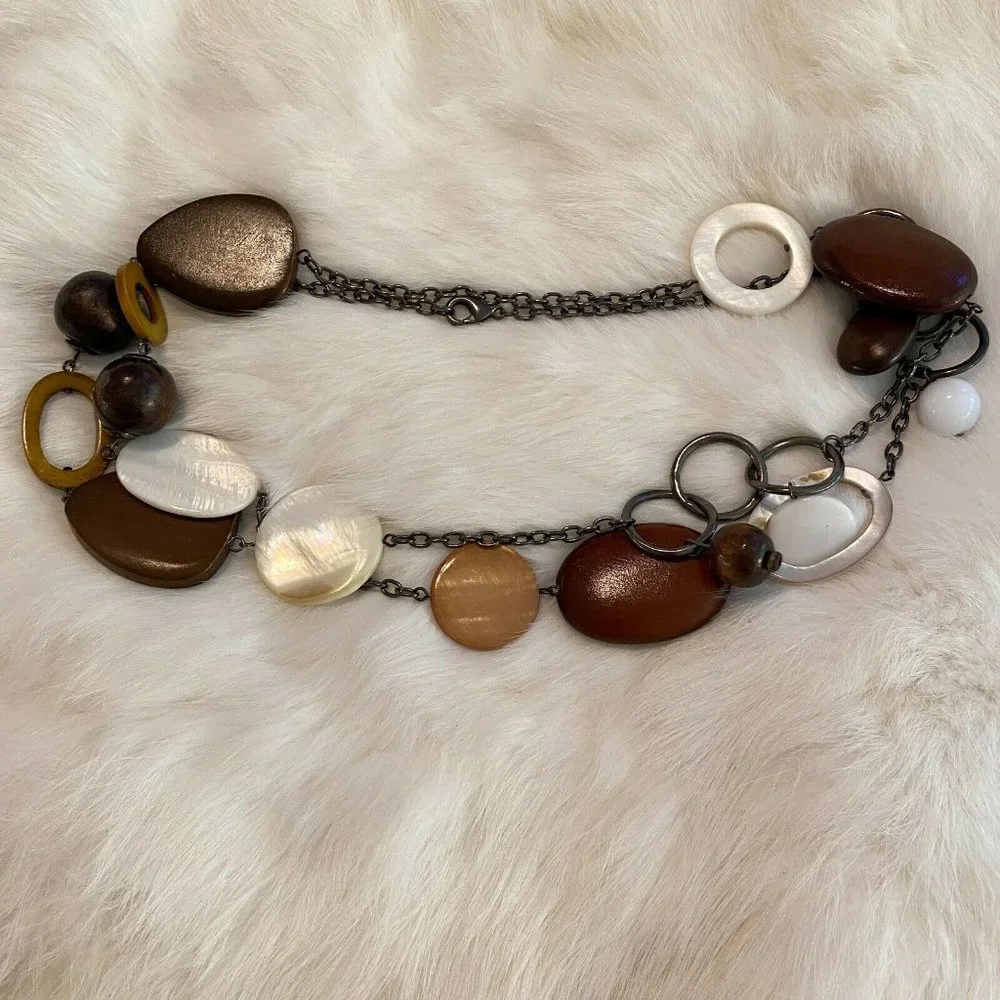 Western‎ Necklace Festival Wood Shell Mixed Media Mother of Pearl Boho Long 6184